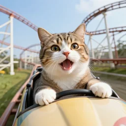 selfie of an excited cat riding a roller - coaster, highly - detailed award - winning