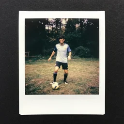 medium shot, mikel arteta playing soccer in woods, polaroid photo, vintage, neutral colors, by gregory crewdson