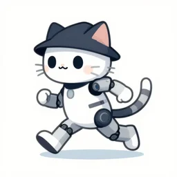 a half robot cat wearing a hat, outrun, vaporware, shaded flat illustration, digital art, trending on artstation, highly detailed, fine detail, intricate