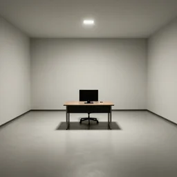 A 10ft by 10ft room empty except for a table in the middle, table is centered, a computer on the table