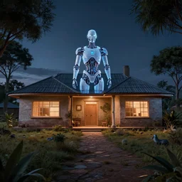 cybernetic futuristic ndebele homestead seen from the front, highly detailed, octane rendered, night scene