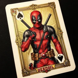 deadpool playing card, ink illustration on gilded paper, ornate intricate and detailed