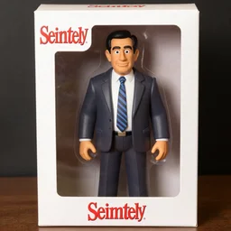 Realistic photo: George Costanza Auction figure still in packaging, the package has the Seinfeld logo on the front.