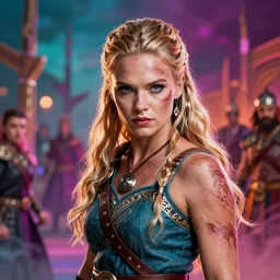 Official photo of an attractive majestic fierce viking woman, leader, mind-blowing details, ethereal, fear, scarred, highly detailed, viking attire, cinematic, 16k, 1080s,  smooth, sharp focus, by Stanley Artgermm, Tom Bagshaw, Greg Rutkowski, Vincent di Fate, Carne Griffiths, Ayami Kojima, WLOP, trending on DeviantArt, hyper detailed, full of color, digital art, Vibrant colors, Smooth gradients, High contrast, depth of field, aperture f2.8