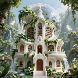 white futuristic wizard house covered in plants, hanging vines, floating inside an enormous spherical chamber, exterior view, magical white futuristic alien library, expansive grand scale, with ornate detail carved in blackbutt timber, next to a waterfall, plants, greenery, white flowers, hanging vines, candles, glowing sprites, fibonacci composition, photorealistic, 4 k, god rays, highly detailed, octane render