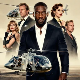 idris elba as james bond, 0 0 7, concept art, poster, spies and woman in formal wear character montage, helicopter, by carl spitzweg, ismail inceoglu, vdragan bibin, hans thoma, greg rutkowski, alexandros pyromallis, perfect face, sharply focused, sharply detailed, centered, rule of thirds, realistic shading