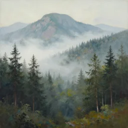 award - winning acrylic painting misty landscape forest mountainous trending on artstation