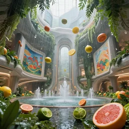falling rain drops as sliced! citrus fruit lemon, orange, lime, grapefruit within interior futuristic expansive city hall sci - fi, fantasy, wide angle highly detailed by santiago calatrava, foliage, fountains, wall art, by saturno butto and wlod, captivating 8 k hdr, octane render godrays