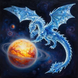 prompt crystalline blue European dragon in space, devouring a planet, sun system, nebula, oil painting, by Fernanda Suarez and and Edgar Maxence and greg rutkowski