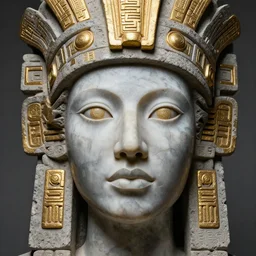 beautiful marble and concrete aztec inca woman head with golden elements, by eddie mendoza hyperrealism expressive eyes cyborgess symmetrical very detailed giger beksinski grey and gold