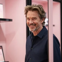 willem dafoe smiling while looking in the window of a victoria's secret store