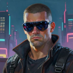 a portrait of cyberpunk Duke Nukem wearing mirrorshades, Night City, cyberpunk 2077, neon megacity in the background, angry and bored, illustration, soft lighting, soft details, painting oil on canvas by mark arian by artgerm, trending on artstation, 4k, 8k, HD