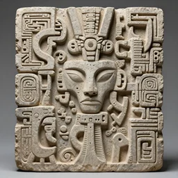 intricate stone sculpture of a mix of abstract, alien, cubist, futuristic mayan design influences