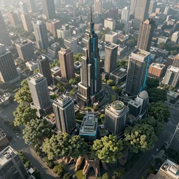 a cyberpunk city built on big tree, aerial view, hyperrealism, 4k octane render, photorealistic concept art, highly detailed