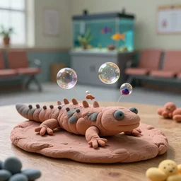 plasticine model of [ [ [ [ newt ] ] ] ] clay surreal. strange. bubbles. figures weird fish tank in waiting room. photorealistic.