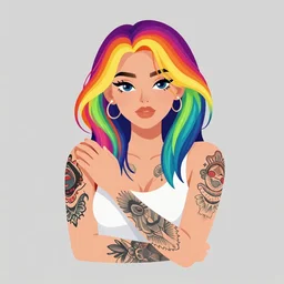 a young woman with beautiful rainbow hair and lots of tattoos on her arms and chest. clean cel shaded vector art. shutterstock. behance hd by lois van baarle, artgerm, helen huang, by makoto shinkai and ilya kuvshinov, rossdraws, illustration, art by ilya kuvshinov