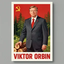 soviet propaganda poster of viktor orban with firewood, forest in background