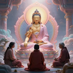 soul meeting god in bardo thodol, psychedelic realm, the tibetan book of the dead, pastel colors, digital art, volumetric lighting, symbolic, ultra sharp, extreme details, dramatic, extreme ancester