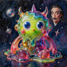 an extremely high quality hd surrealism painting of a 3d cast glass galactic neon complimentary colored cartoon surrealism melting creature by kandsky and salvia dali the fourth, salvador dali\'s much much much much more talented painter cousin, 4k, ultra realistic, super realistic, so realistic that it changes your life
