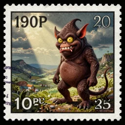 The poop demon, vintage 1950s stamp
