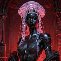 portrait of an absurdly beautiful, graceful, sophisticated, fashionable black cyberpunk mechanoid gravure idol, hyperdetailed illustration by irakli nadar, adut akech, matt wisniewski style, intricate linework, dark black skin, jellyfish headdress, crystal ruff, unreal engine 5 highly rendered, global illumination, red light, detailed and intricate environment