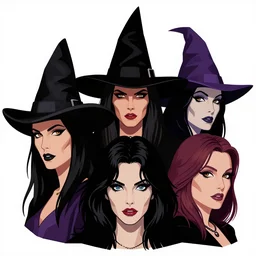 witches sabbath, detailed faces, psychobilly, rockabilly, punk, white background, vector art, illustration by frank frazetta