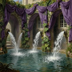 colonial fountains of water flooding a town grand canal, stoic, purple drapery, archways made of lush greenery, water coming out of windows, light dust, magnificent, hyperdetailed, theatrical, close up, masterpiece, painted by jean honore fragonard and greg rutkowski