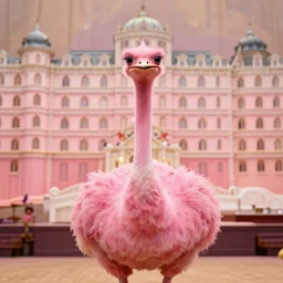 a film still of a pompous pink ostrich in the grand budapest hotel ( 2 0 1 4 ) )