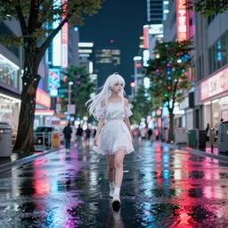 white haired girl walking in a vibrant flooded tokyo at night, neon lights lots of trees,, volumetric lighting, ambient lighting, cinematic, subtle, vibrant colors anime illustration by studio ghibli, botw
