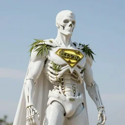 white skeleton superman of weed leaves, clear sky, scifi character portrait by greg rutkowski esuthio craig mullins
