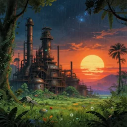 industrial architecture by pieter bruegel the elder, steampunk sunset at night retrowave rainforest tokyo junglepunk cosmic apocalyptic myst thermal vision magic realism morning sun universe landscape meadow, archdaily, wallpaper, highly detailed, trending on artstation.