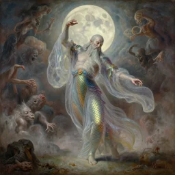 concept art of translucent confucius is dancing, lovecraftian, renaissance, melting, round moon, rich clouds, fighting the horrors of the unknown, very detailed, volumetric light, mist, fine art, decaying, textured oil over canvas, epic fantasy art, very colorful, ornate intricate scales