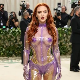 sexy  young Scarlett Johansson with long red hair wearing very tight  Translucent purple and Gold latex  crazy outfit Met Gala photoshoot