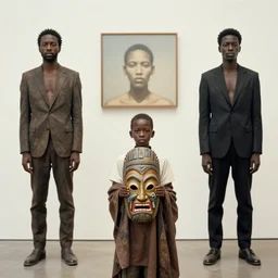 afrofuturism, a small african boy holding a voodoo mask, by jamie hewlett and sawoozer and roger ballen,