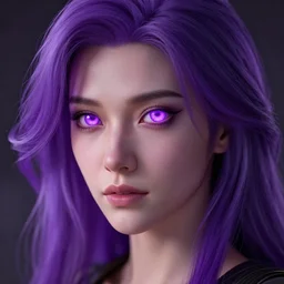 a woman with purple hair and purple glowing eyes, realistic, 8 k, extremely detailed, cgi, trending on artstation, hyper - realistic render, 4 k hd wallpaper, premium prints available, by greg rutkowski
