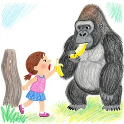 Kids crayon drawing of a girl wearing girl shouting to a gorilla eating a banana