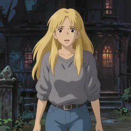 portrait of a scared blonde woman exploring a spooky haunted house, long hair, sweater and jeans, film still, finely detailed features, digital painting, tankobon, painted by greg rutkowski and makoto shinkai and takashi takeuchi and studio ghibli