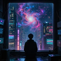 lonely cyber person made of cosmic nebula galaxy energy watching a rainy colorful complex cyberpunk futuristic city from behind at night through a window in a room full of wires and screens, 8 k, photorealistic, concept art, wet, highly detailed, cinematic mood by ridley scott, ghost in the shell, rendered in octane, akira, digital painting, trending on artstation, glowing lights, epic composition