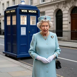Queen Elizabeth II standing on the street next to the Tardis, highly detailed, sci-fi concept art
