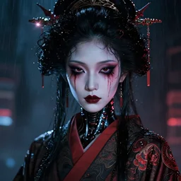 facial portrait of a asian demonic ghost android with dark smeared makeup, wet curly hair, red tears, geisha, a dark cyberpunk background, lens flare, rain, deep focus, d & d, intricate, elegant, highly detailed, photo, artstation, blade runner, 8 k, sharp focus, octane, unreal engine 5, global illumination, radiant
