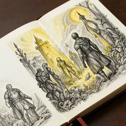 sketchbook pages magical, magnificent, close up, details, sharp focus, elegant, highly detailed, illustration of scene from fallout 4, by jordan grimmer and greg rutkowski, intricate, beautiful, trending artstation, pixiv, digital art,