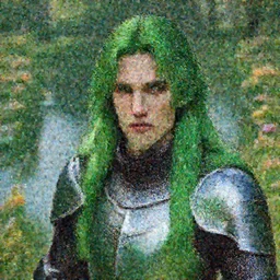 a portrait of a green knight with long hairs, a pond with flowers in the background, art by James Jean and Wayne Barlowe, high detail, cinematic, cgsociety 8k