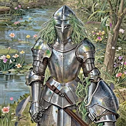a portrait of a green knight with long hairs, a pond with flowers in the background, art by James Jean and Wayne Barlowe, high detail, cinematic, cgsociety 8k