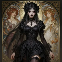 a tall attractive goth girl, cute, intricate, highly detailed, digital painting, artstation, concept art, smooth, sharp focus, illustration, unreal engine 5, 8 k, art by artgerm and greg rutkowski and alphonse mucha