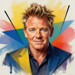 Portrait of Gordon Ramsay, geometric shapes, spray paint, vibrant colors, black lines, no facial features