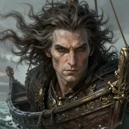 An elemental evil old man with wind-like hair posing on a boat, beautiful face, highly detailed face, close-up, fantasy art, male art, in the style of greg rutkowski, illustration, epic, fantasy, intricate, hyper detailed, artstation, concept art, smooth, sharp focus, ray tracing