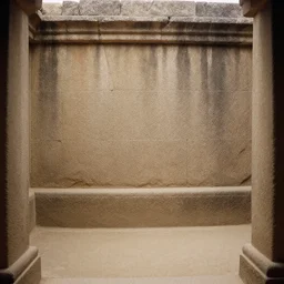 a film still of an ancient stone hallway with a dirt floor, the stone wall has ancient stone carvings, sunlight is coming from above, god rays, volumetric lighting, film grain, wide shot