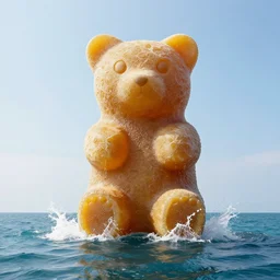 a giant sculpture of a giant gummy bear on the ocean water, award winning, hyper - realistic, very detailed, realistic water, water splashes, ray tracing, 8 k resolution, long - shot, sharp focus, low angle, 8 5 mm photograph, wide lens