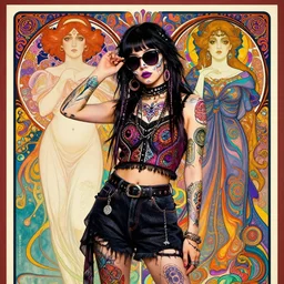 cute punk goth fashion fractal Día de los Muertos tattooed hippy girl wearing sunglasses posing by Zhang Jingna, psychedelic poster art of by Victor Moscoso Rick Griffin Alphonse Mucha Gustav Klimt Ayami Kojima Amano Charlie Bowater, masterpiece