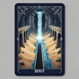 dixit card, calm waterway, storm drain, aqueducts, focal point, character, waterfall, sand dune, tunnel, dark fantasy. intricate, amazing composition, colorful watercolor, by ruan jia, by maxfield parrish, by shaun tan, by nc wyeth, by michael whelan, by escher, illustration, nightmare, backlit, storm, lightning, volumetric